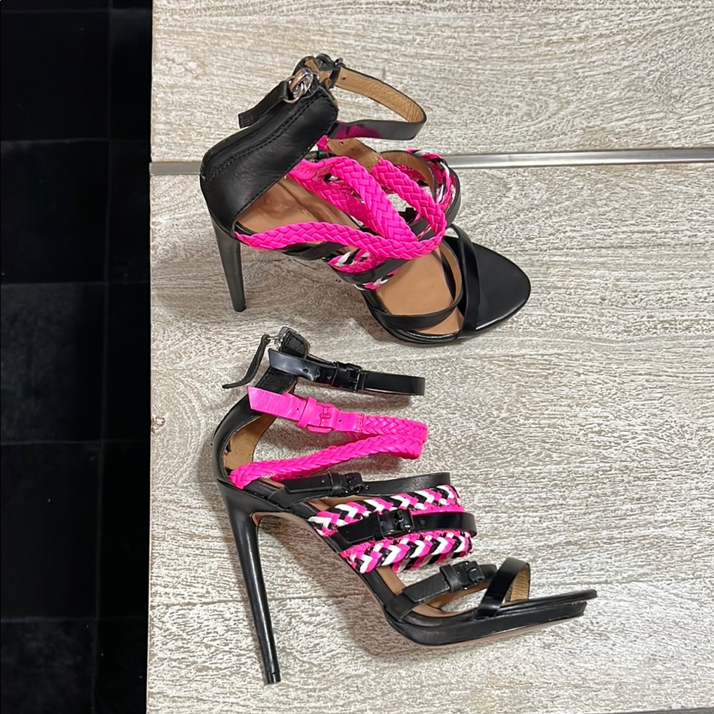 L.A.M.B. Black and Pink High-Heeled Sandals